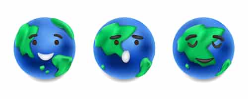 Vetor grátis conjunto de caracteres realista do planeta terra de plasticina de três ícones isolados com smileys em cima da ilustração vetorial do globo