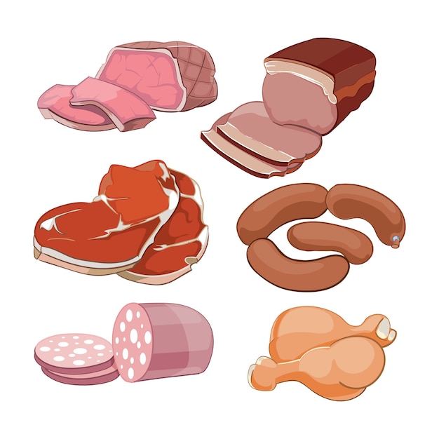 Vetor grátis conjunto de carne de açougue dos desenhos animados. talho e presunto, bife e bacon