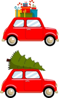 Conjunto de carro retro vermelho com caixa de natal e árvore de natal