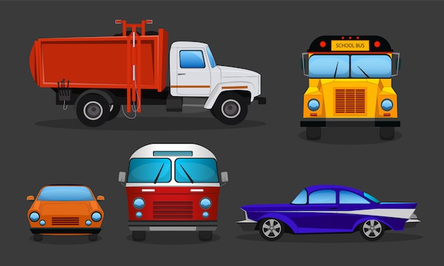 Conjunto de carros de desenhos animados - transporte público ou veículos particulares.