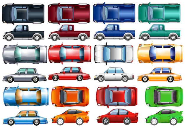 Conjunto de carros e caminhões em muitas ilustrações de cores