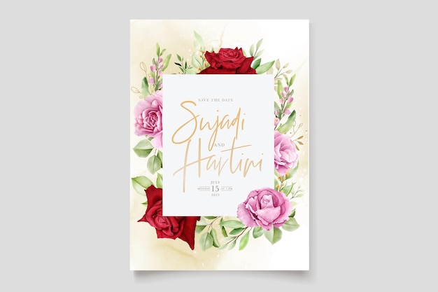 Conjunto de cartão de casamento aquarela marrom e rosas rosa