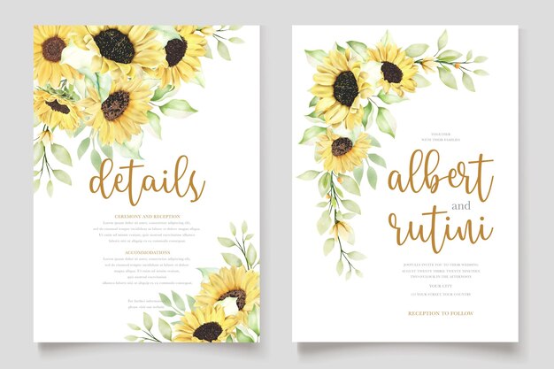 Conjunto de cartão de convite de casamento de girassol em aquarela