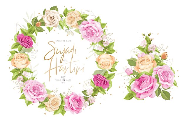 conjunto de cartão de convite de casamento de lindas rosas florais