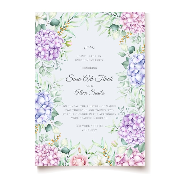 Vetor grátis conjunto de cartão de convite de casamento floral de hortênsia em aquarela elegante