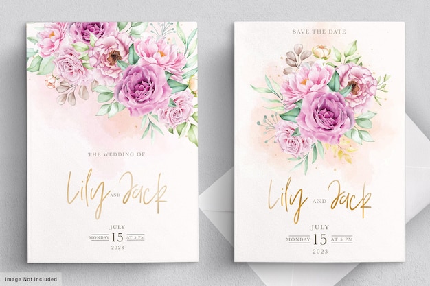 Conjunto de cartão de convite de casamento floral desenhado à mão