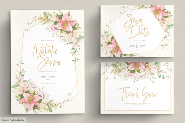 Conjunto de cartão de convite de casamento floral desenhado à mão