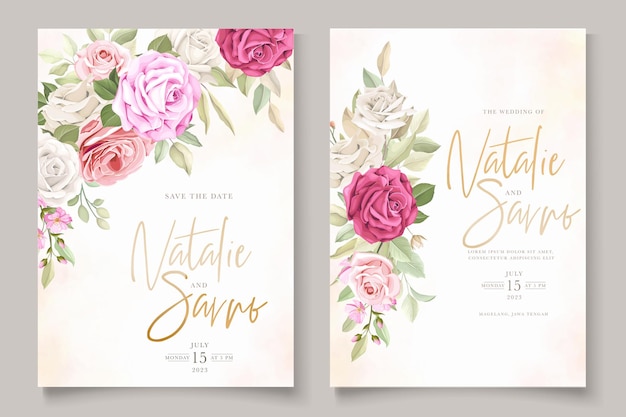 conjunto de cartão de convite de casamento floral desenhado à mão