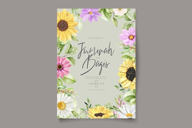 Conjunto de cartão de convite de margarida aquarela e flor de sol