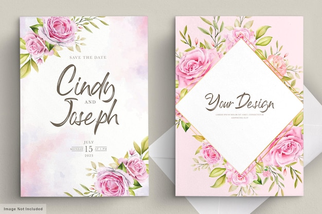 Conjunto de cartão de convite elegante rosa suave e aquarela