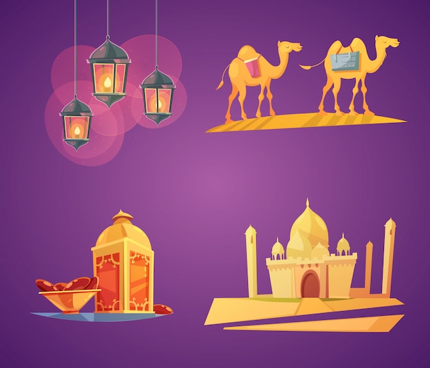 Vetor grátis conjunto de cartão de elementos ramadan colorido dos desenhos animados