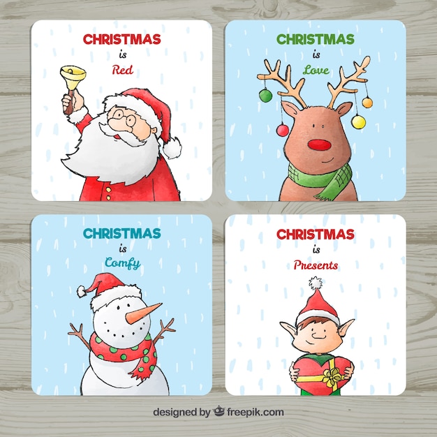 Vetor grátis conjunto de cartas com personagens de natal