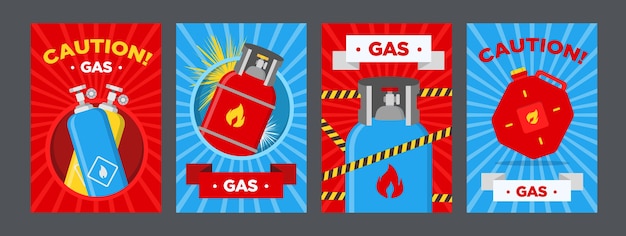 Vetor grátis conjunto de cartazes de advertência de posto de gasolina. vasilhas e balões com ilustrações vetoriais de sinais inflamáveis em fundo vermelho ou azul. modelos para faixas e sinais de alerta de postos de gasolina