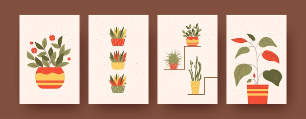 Conjunto de cartazes de arte contemporânea com tema floral e jardim. ilustração vetorial. coleção de plantas em vasos de flores coloridos