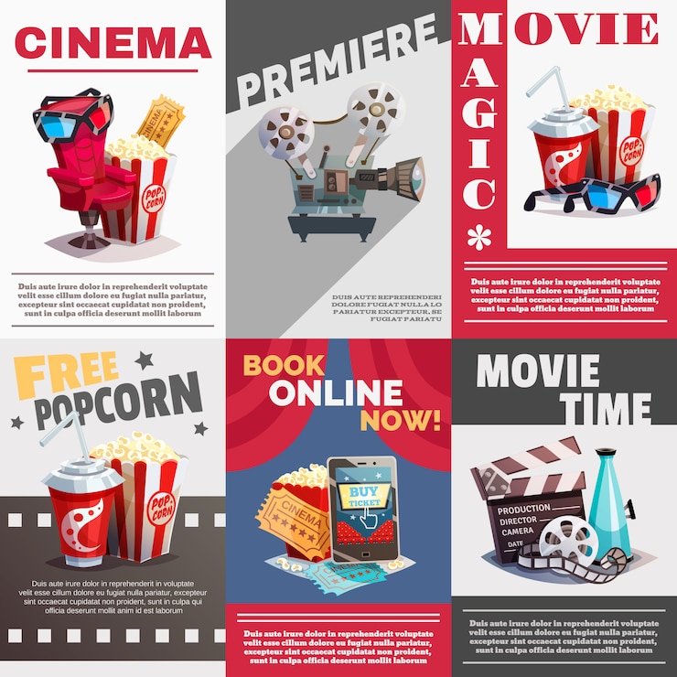 Vetor grátis conjunto de cartazes de cinema com publicidade de estréia