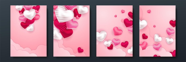 Conjunto de cartazes de conceito de dia dos namorados. ilustração vetorial. corações de papel 3d vermelho e rosa com moldura em fundo geométrico. banners de venda de amor bonito ou cartões Vetor Premium