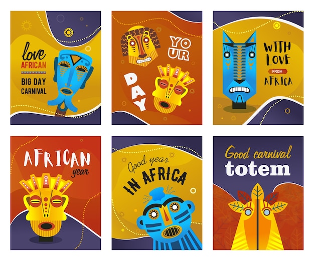 Conjunto de cartões africanos. máscaras tribais étnicas, ilustrações vetoriais de totem tradicionais com texto. design criativo para folhetos de carnaval ou convites para festas étnicas