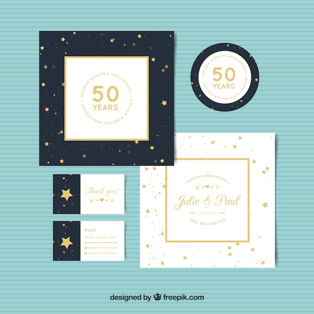 Conjunto de cartões de aniversário de casamento em estilo dourado