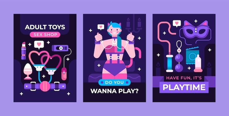Vetor grátis conjunto de cartões de brinquedos sexuais de design plano