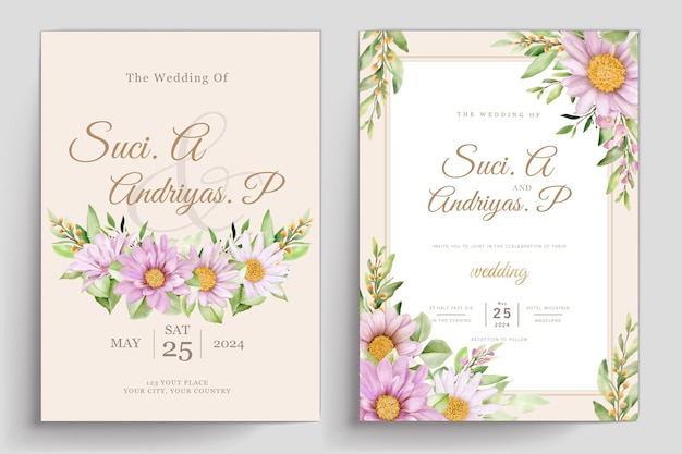 Conjunto de cartões de convite de casamento watercolor chrysanthemum