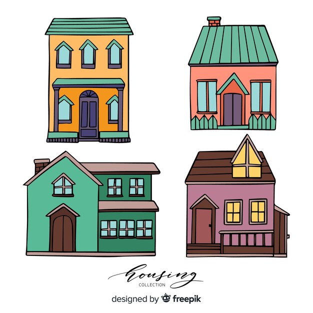 Conjunto de casas de mão desenhada