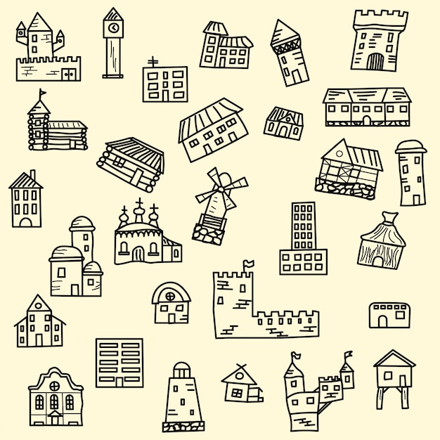 Conjunto de casas vector doodle