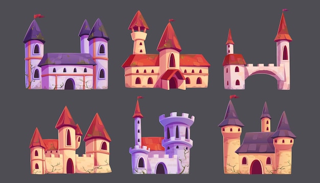 Conjunto de castelos medievais isolados na ilustração de desenho vetorial de fundo de antigos palácios reais com torres de pedra, janelas de arco e portões de entrada, fortalezas de conto de fadas, elementos de design de jogos