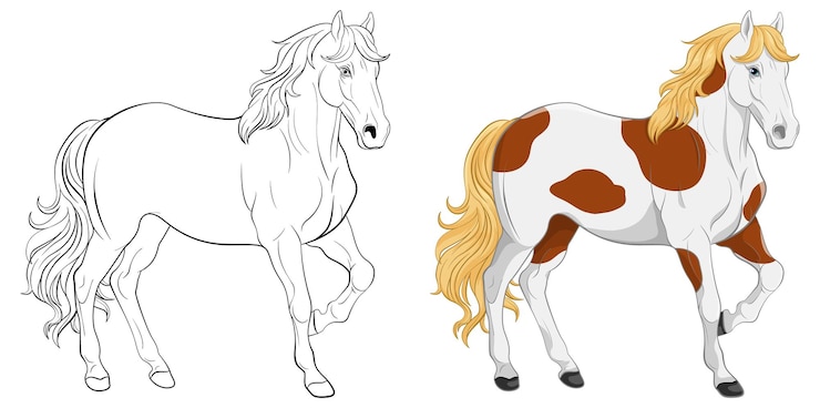 Vetor grátis conjunto de cavalo e seu esboço doodle
