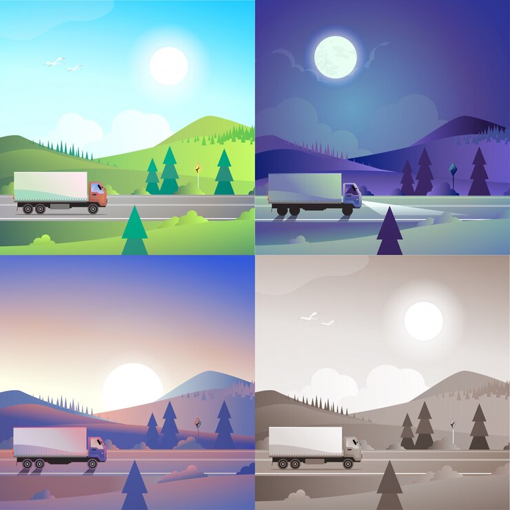 Vetor grátis conjunto de cena de transporte de caminhão de entrega de paisagem plana montanhas montanhosas campo estrada. web elegante banner natureza coleção ao ar livre. luz do dia, luar da noite, vista por do sol, sépia retrô imagens vintage.