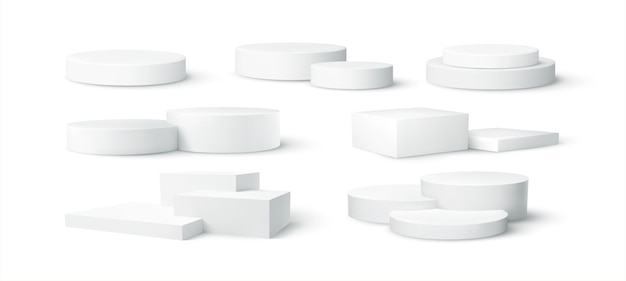 Conjunto de cena realista de pódio de produto em branco branco isolado no fundo branco