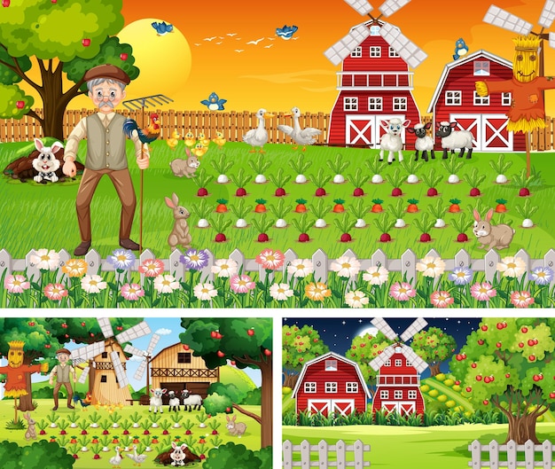 Conjunto de cenas de fazenda em momentos diferentes
