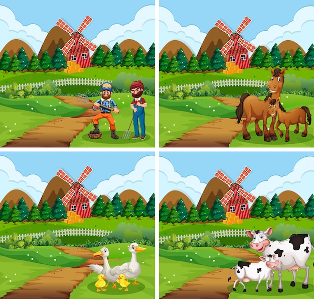 Conjunto de cenas diferentes da fazenda com animais e pessoas