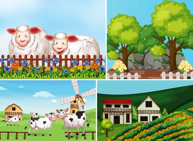 Conjunto de cenas diferentes da fazenda com estilo cartoon de fazenda animal