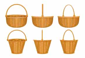 Vetor grátis conjunto de cestas de imagens isoladas com cesta de madeira com imagens isoladas de cestas com alças de mão ilustração