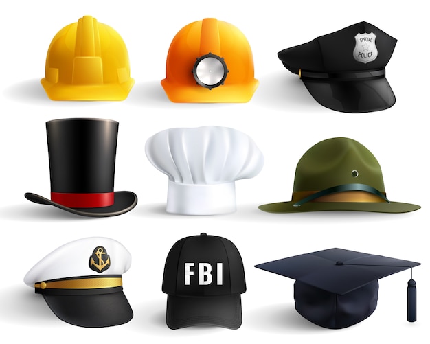 Vetor grátis conjunto de chapéus de diferentes profissões