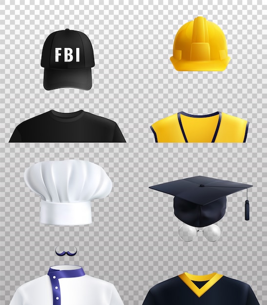 Conjunto de chapéus de diferentes profissões