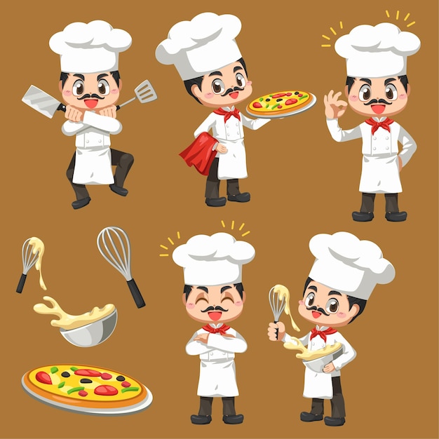 Vetor grátis conjunto de chef man fazendo a padaria em personagem de desenho animado, mascote em design de ilustração para logotipo de empresa de culinária