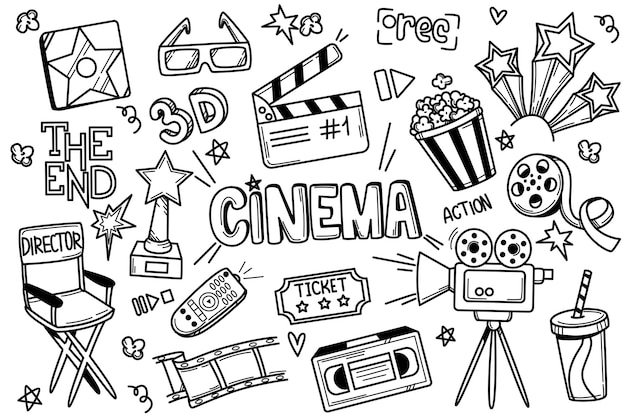 Vetor grátis conjunto de cinema de filme de doodle desenhado à mão