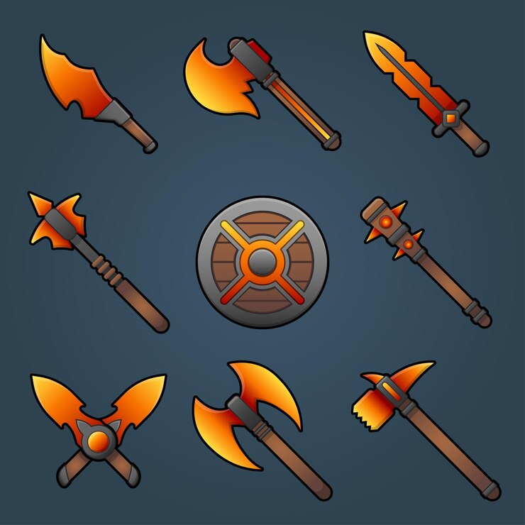 Vetor grátis conjunto de clipart de arma de desenho animado com espada colorida, faca, espada e escudo feito de fogo para o jogo