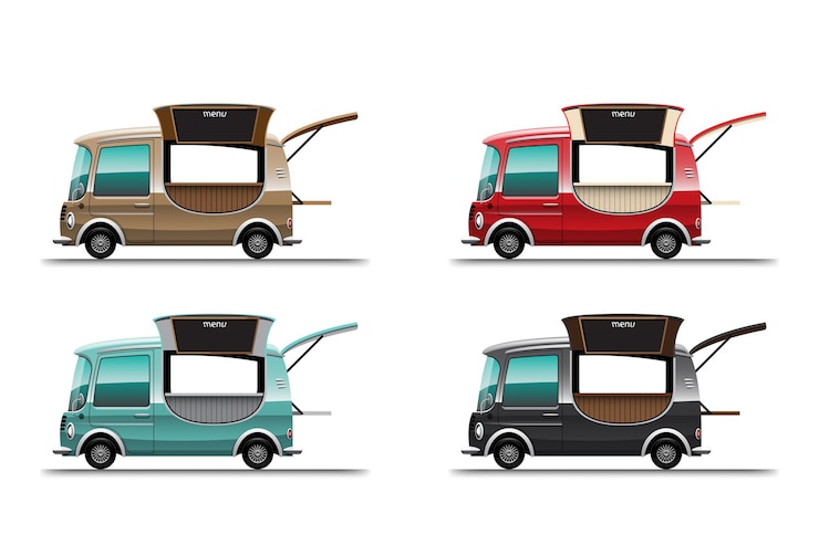 Vetor grátis conjunto de colorido de mini food truck com entrega móvel de comida na rua em fundo branco, ilustração