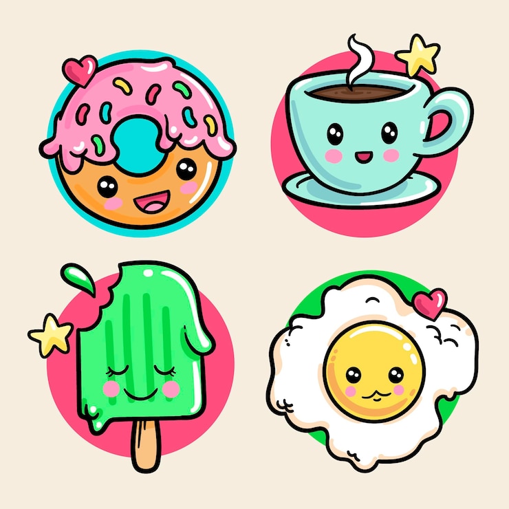 Vetor grátis conjunto de comida kawaii colorida