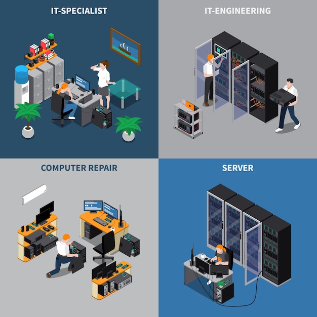 Vetor grátis conjunto de composição de engenheiros de ti 2x2