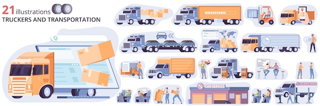 Vetor grátis conjunto de composição de entrega de carga de caminhão