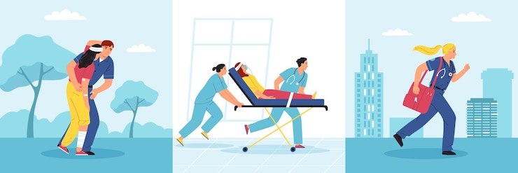 Vetor grátis conjunto de composição plana de primeiros socorros com paramédicos com ilustração vetorial isolada de pacientes de emergência