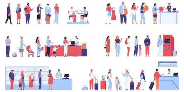 Conjunto de composições de longa fila isoladas com personagens humanos de linha de loja de passageiros e ilustração vetorial de visitantes de supermercado