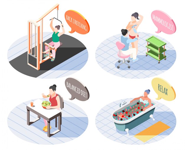 Conjunto de conceito de design de saúde 2x2 de mulheres de volta alongamento dieta equilibrada relaxar e ilustração em vetor isométrica mamífero quadrado