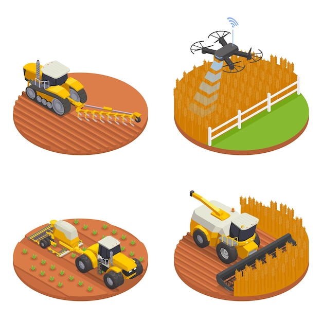 Conjunto de conceito de design isométrico de máquinas agrícolas de controle remoto automatizado moderno isolado ilustração vetorial 3d