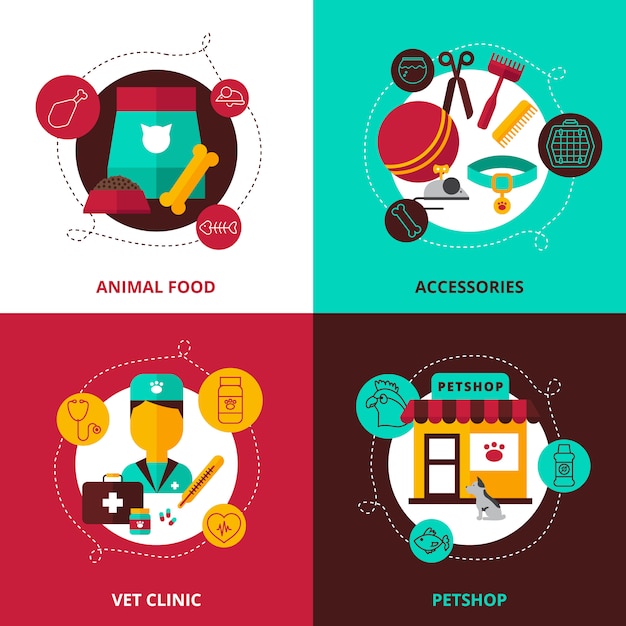 Vetor grátis conjunto de conceito de design veterinários de alimentos e acessórios para animais veterinário clínica e pet shop composições ilustração em vetor plana