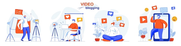 Conjunto de conceitos de blogging de vídeo bloggers gravando vídeos e criando conteúdo digital