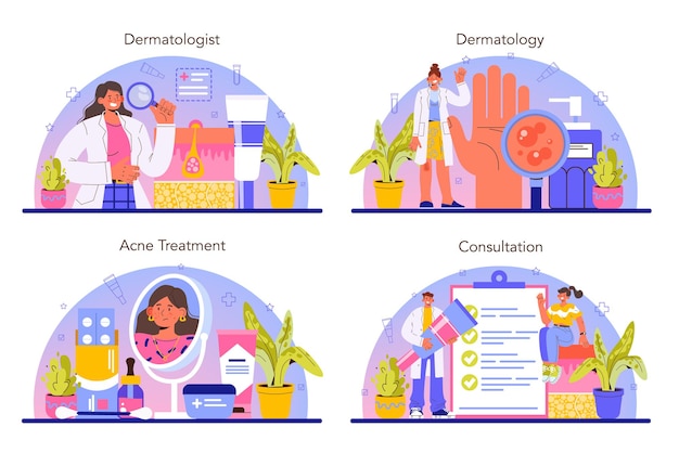 Conjunto de conceitos de dermatologista. dermatologia, especialista em cuidados com a pele. tratamento da acne e do eczema. esquema de epiderme. ilustração vetorial em estilo simples
